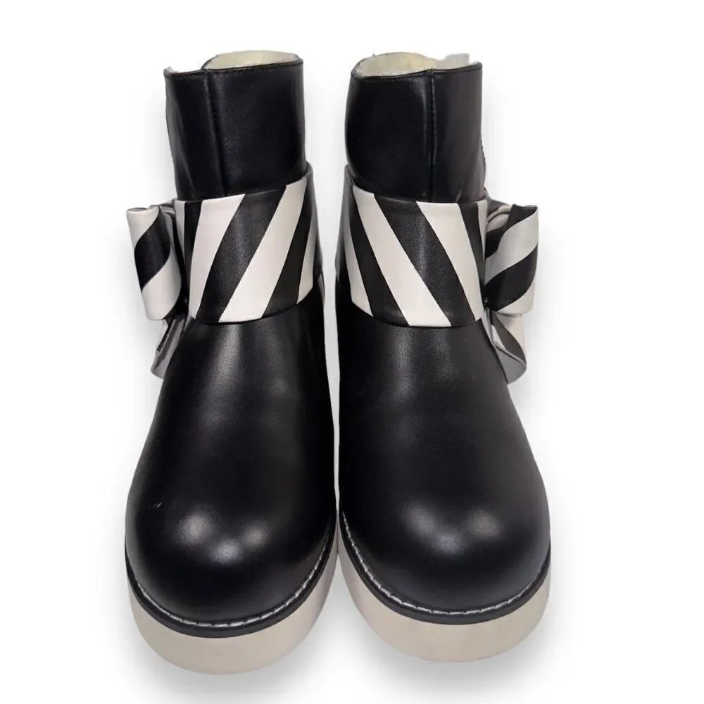 Lola Ramona Faux Sherpa Winter Striped Bow Boots Black / White‎ Women's 8/38